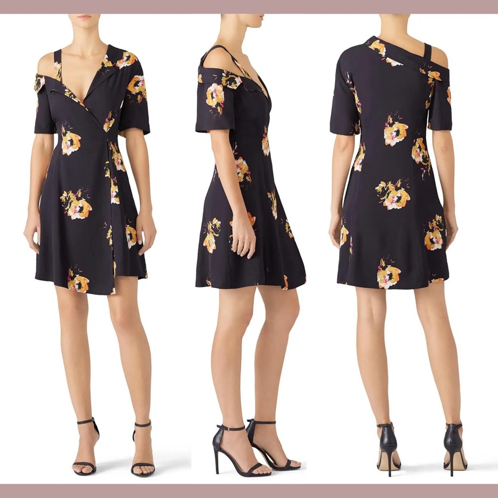 NEW A.L.C [ 4 ] Lucia Floral Silk‎ Cold Shoulder Dress in Black/Saffron